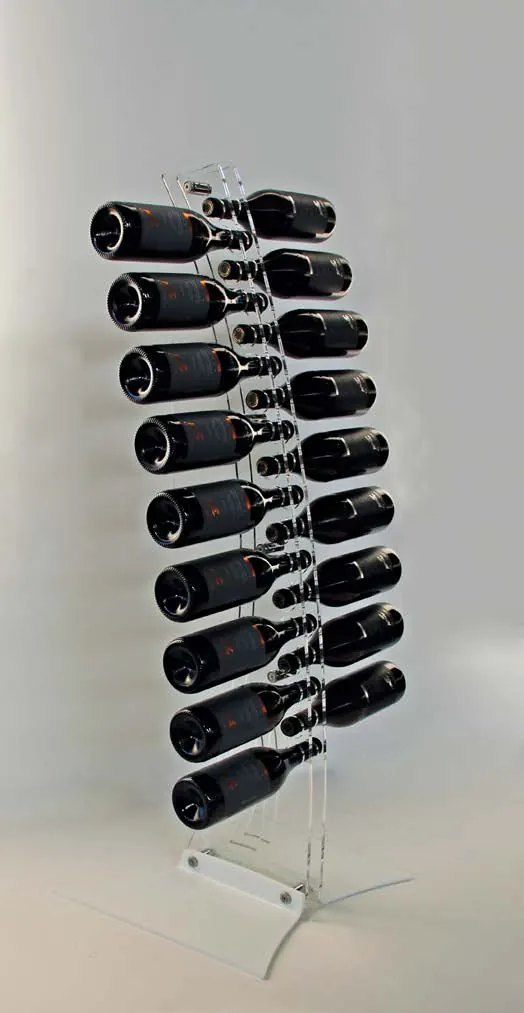 Harp vrijstaand plexiglas wijnrek – Vrijstaand display voor 18 flessen op een witte voet