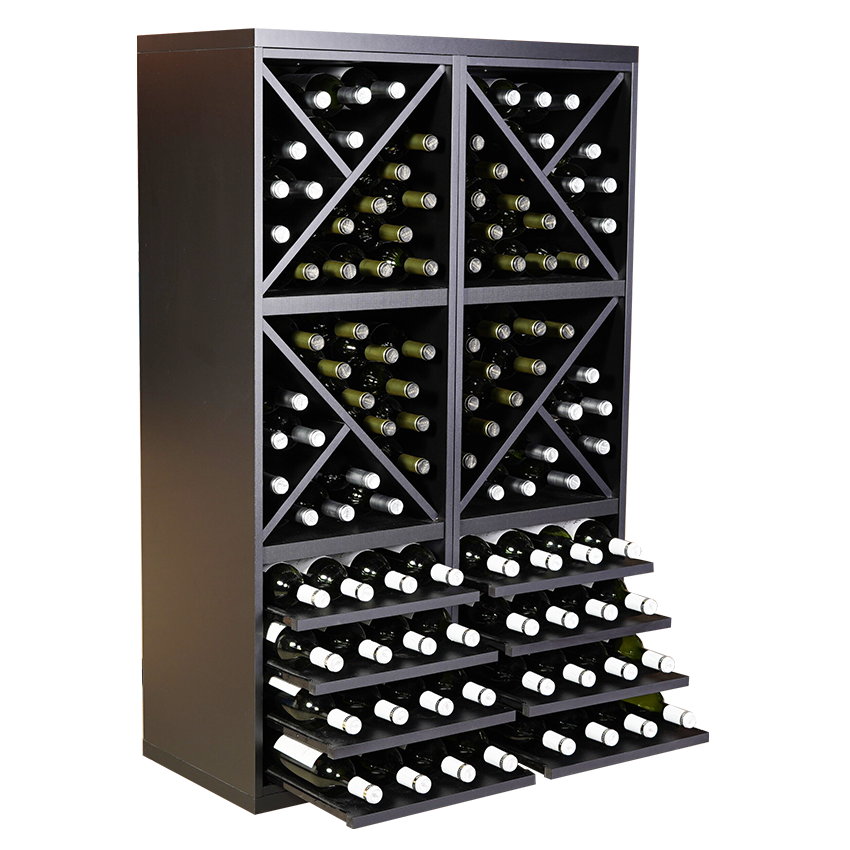 Staand zwart wijnrek met kruizen en uitschuifbare leggers