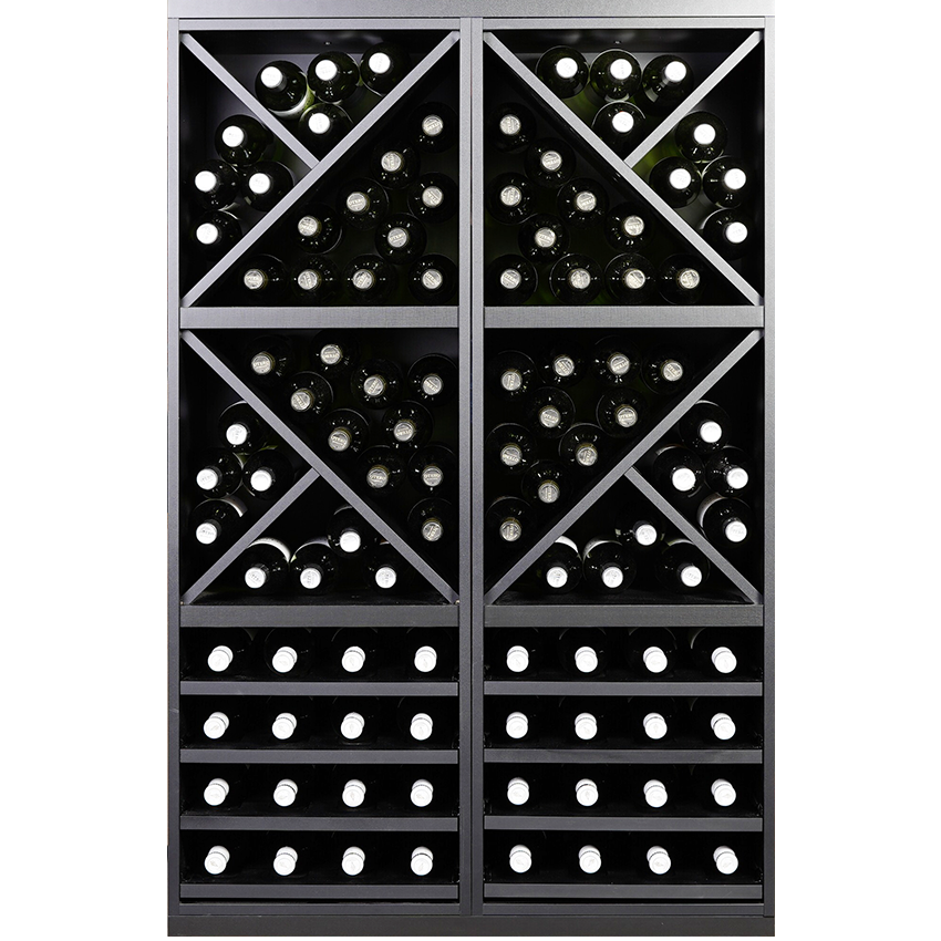 Staand zwart wijnrek met kruizen en uitschuifbare leggers