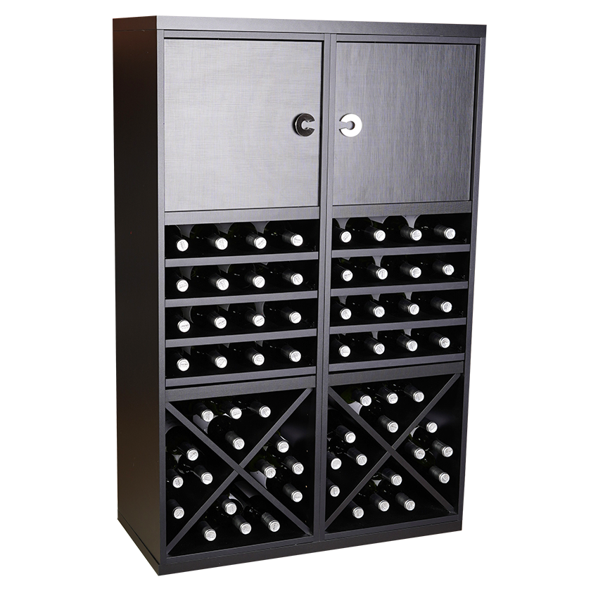 Staand zwart wijnrek met kruizen en uitschuifbare leggers