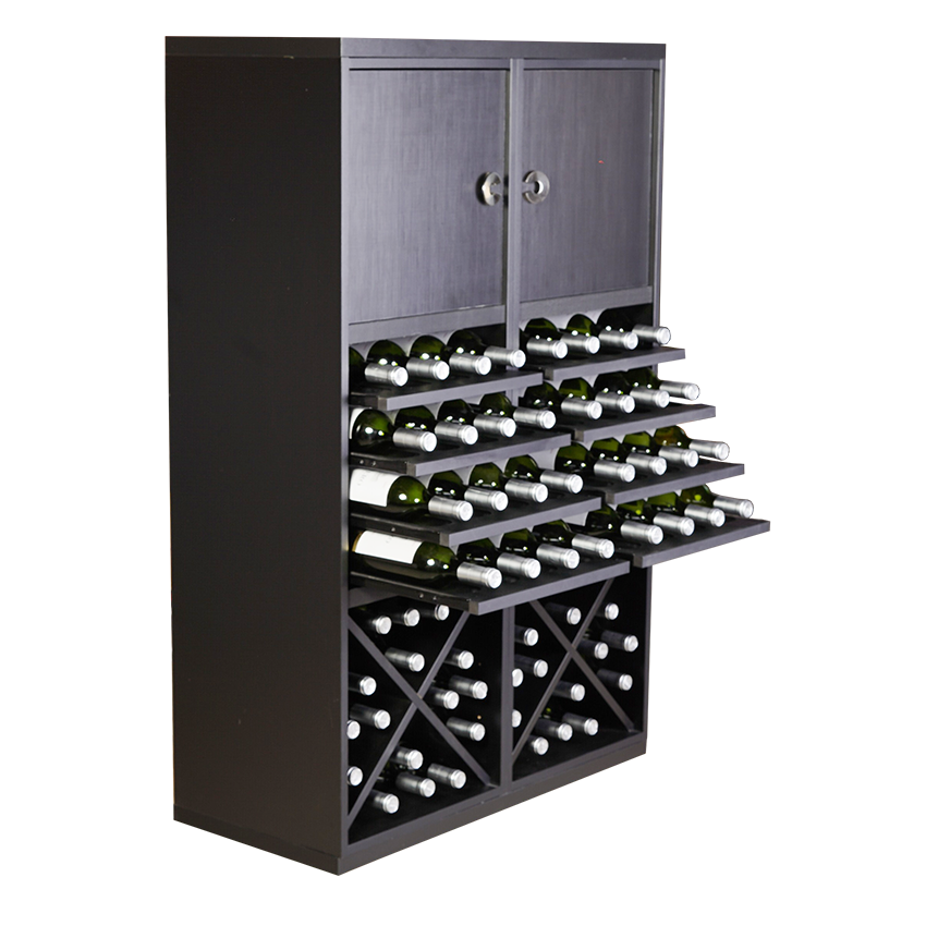 Staand zwart wijnrek met kruizen en uitschuifbare leggers