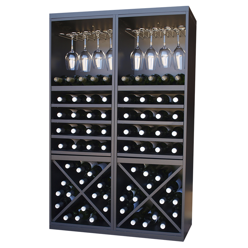 Staand zwart wijnrek met kruizen, uitschuifbare leggers en wijnglazen