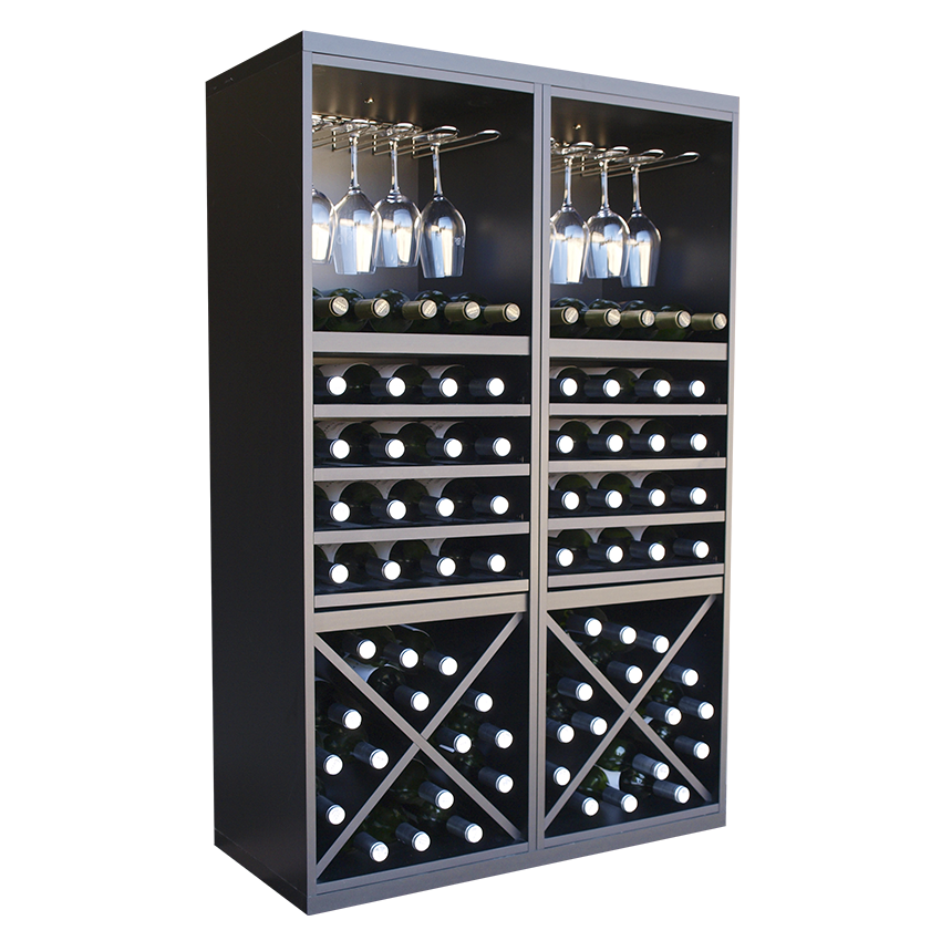 Staand zwart wijnrek met kruizen, uitschuifbare leggers en wijnglazen