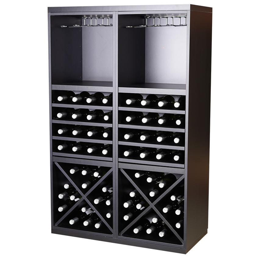 Staand zwart wijnrek met kruizen, uitschuifbare leggers en wijnglazen