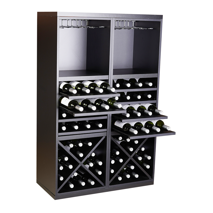 Staand zwart wijnrek met kruizen, uitschuifbare leggers en wijnglazen