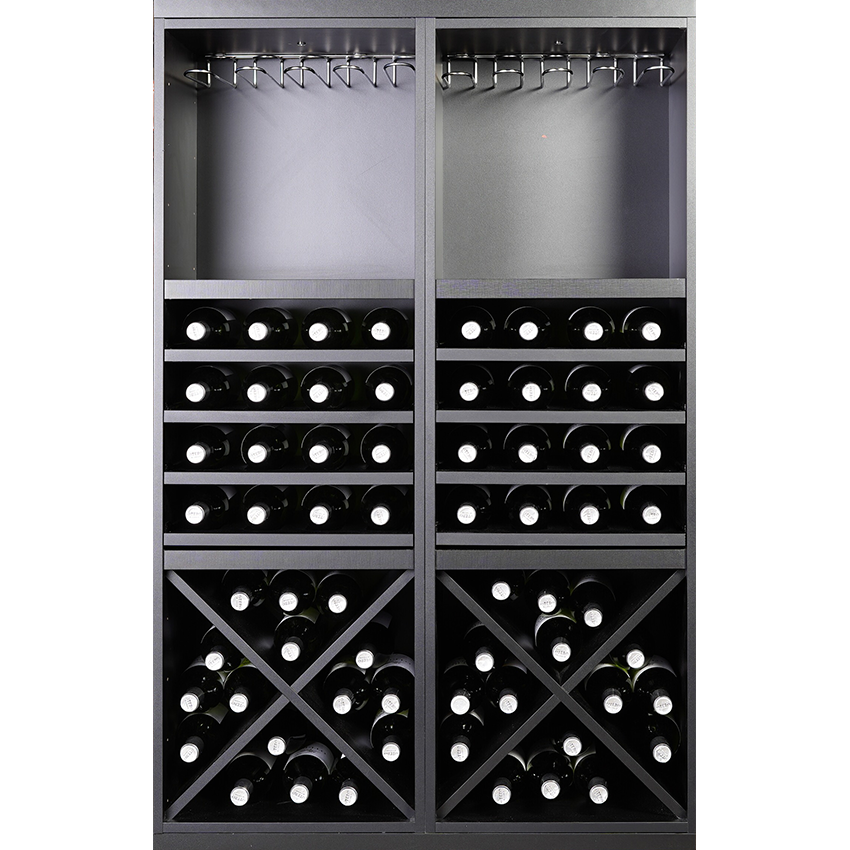 Staand zwart wijnrek met kruizen, uitschuifbare leggers en wijnglazen