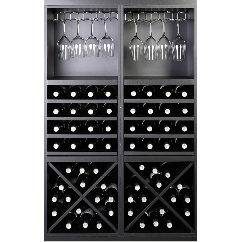 Staand zwart wijnrek met kruizen, uitschuifbare leggers en wijnglazen