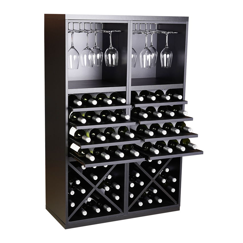 Staand zwart wijnrek met kruizen, uitschuifbare leggers en wijnglazen