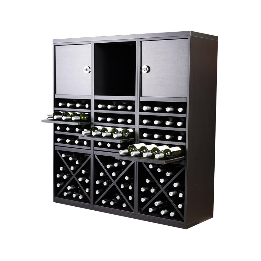 Staand zwart wijnrek met kruizen en uitschuifbare leggers