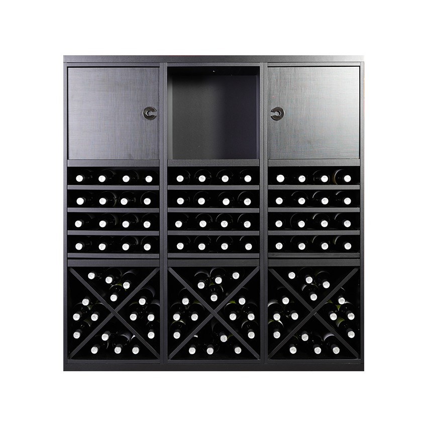 Staand zwart wijnrek met kruizen en uitschuifbare leggers