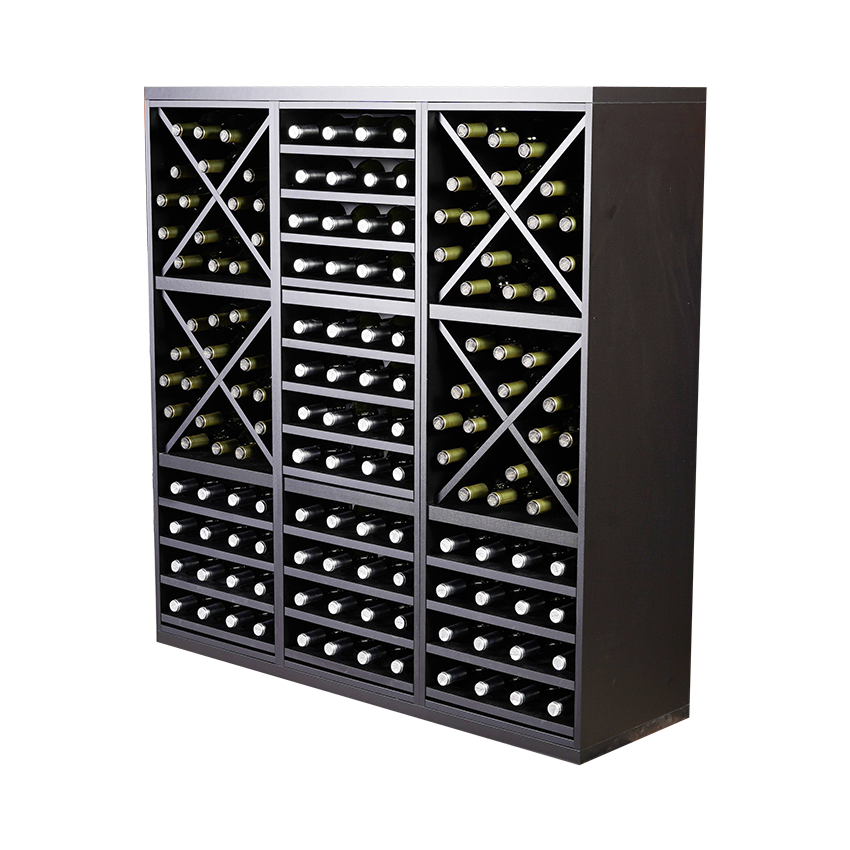 Staand zwart wijnrek met kruizen en uitschuifbare leggers