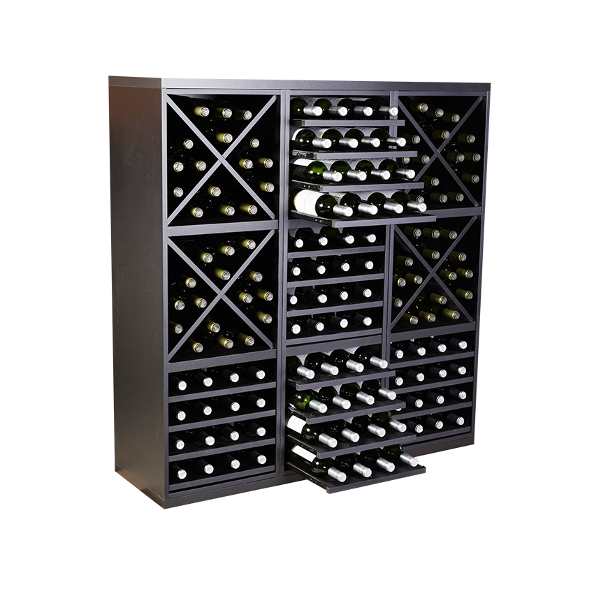 Staand zwart wijnrek met kruizen en uitschuifbare leggers