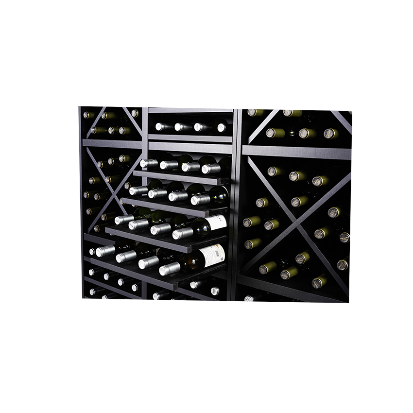 Staand zwart wijnrek met kruizen en uitschuifbare leggers