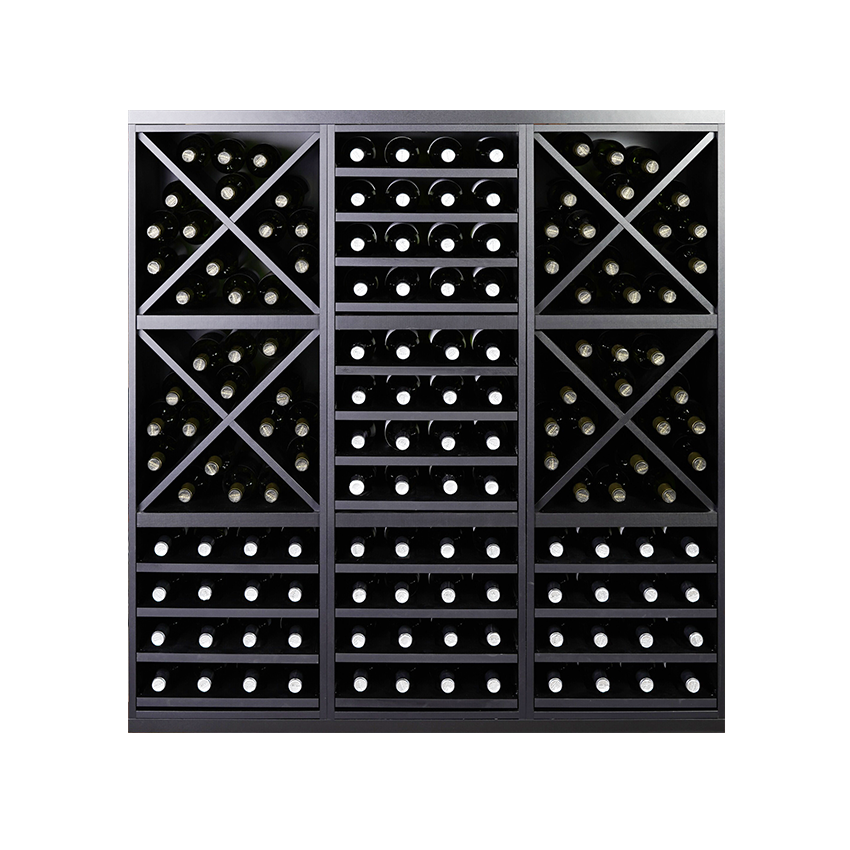 Staand zwart wijnrek met kruizen en uitschuifbare leggers