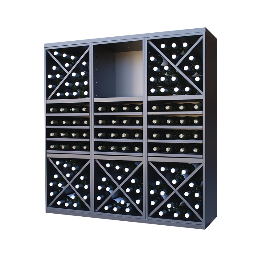 Staand zwart wijnrek met kruizen en uitschuifbare leggers