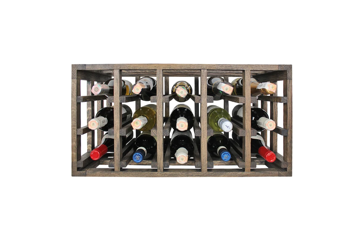 Donker eikenhouten wijnrek met vakken voor 15 flessen