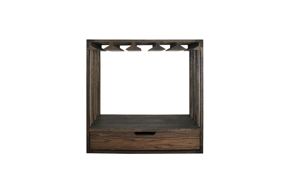 donker eikenhouten wijnrek module met wijnglazen hangers